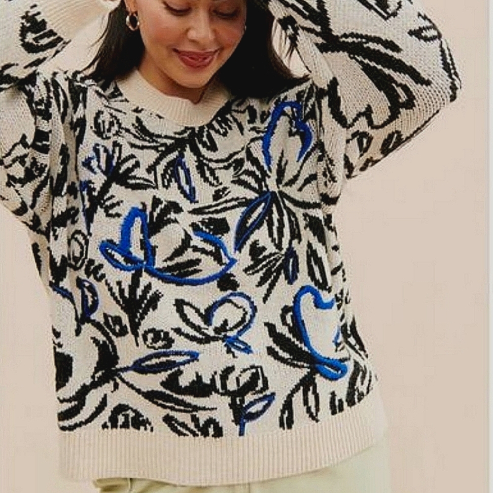 NWT By Anthropologie Floral Stencil Pop Art Embroidered Sweater Wool Blend MD